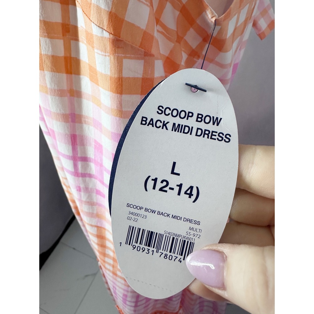 Scoop Cotton Sleeveless Gingham Tie Back Summer Midi Dress Women's Size Large - Picture 4 of 13